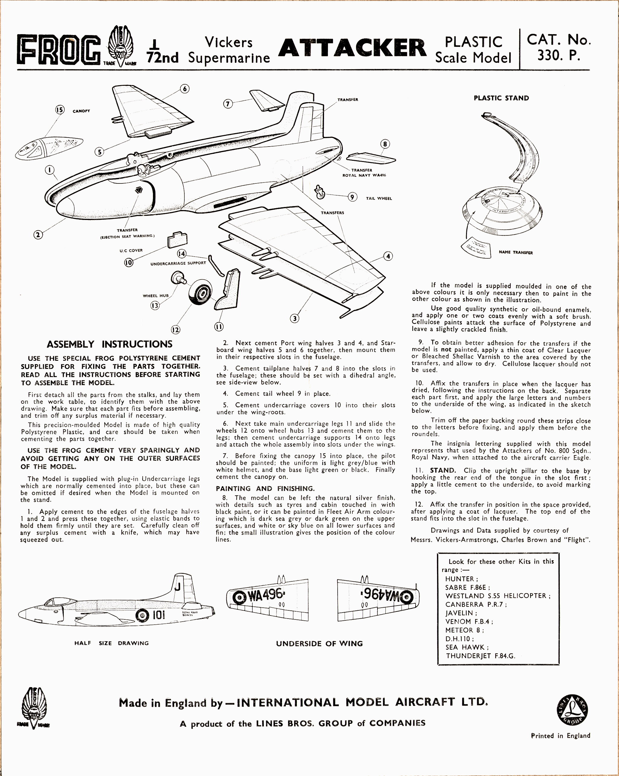 FROG 330P Vickers-Supermarine Attacker Naval Jet Fighter, ima ltd, Lines Bros. Group, 1957, assembly instruction